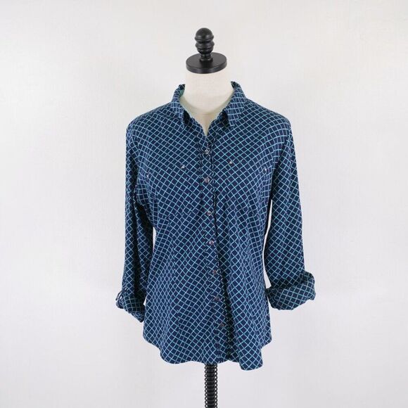 New York & Company 7th Avenue Collared Button Front Shirt Top Large Blue Teal - Picture 1 of 12